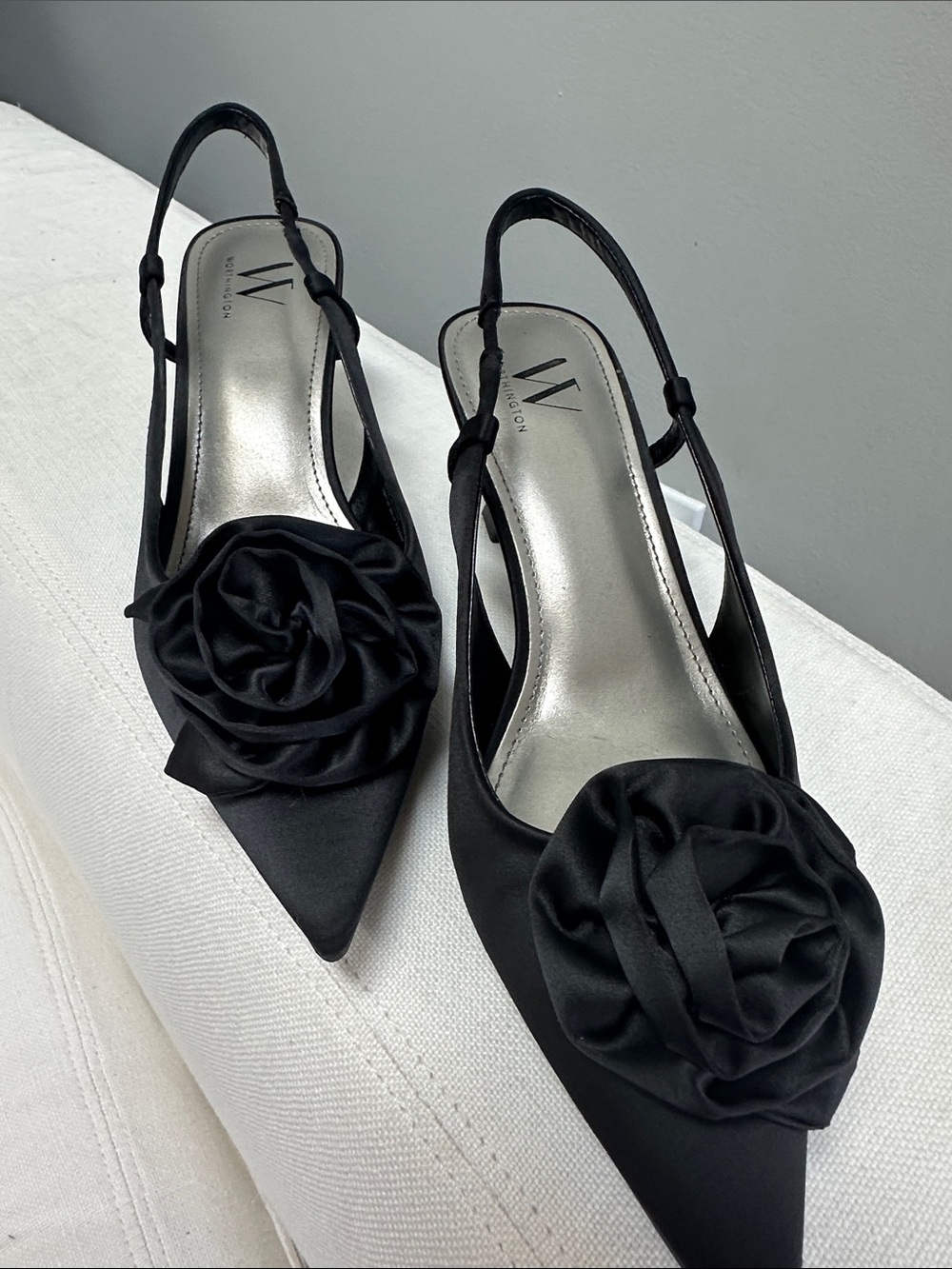 Black Satin Kitten Heal Pointed Slingback Heels with Rosette